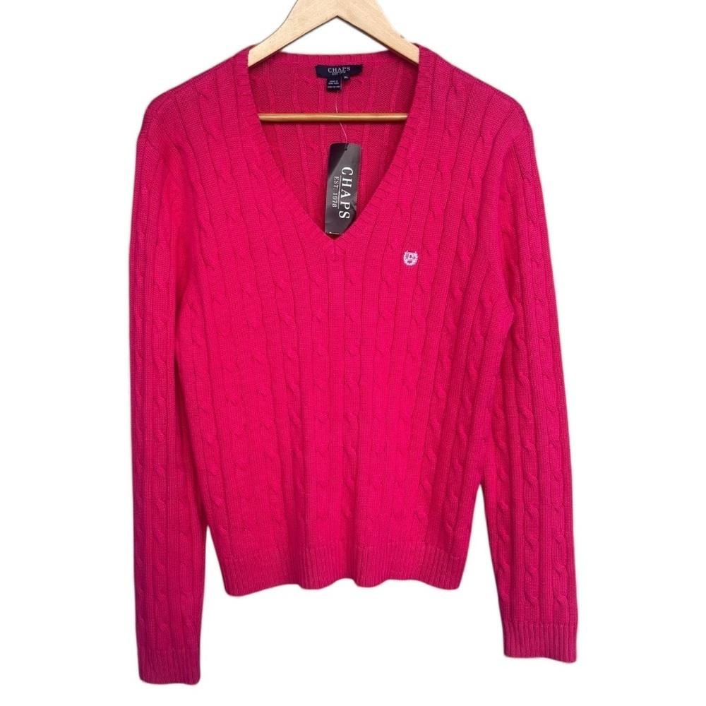 NWT Chaps Pink Cable Knit V-Neck Sweater Size XL 100% Cotton Preppy